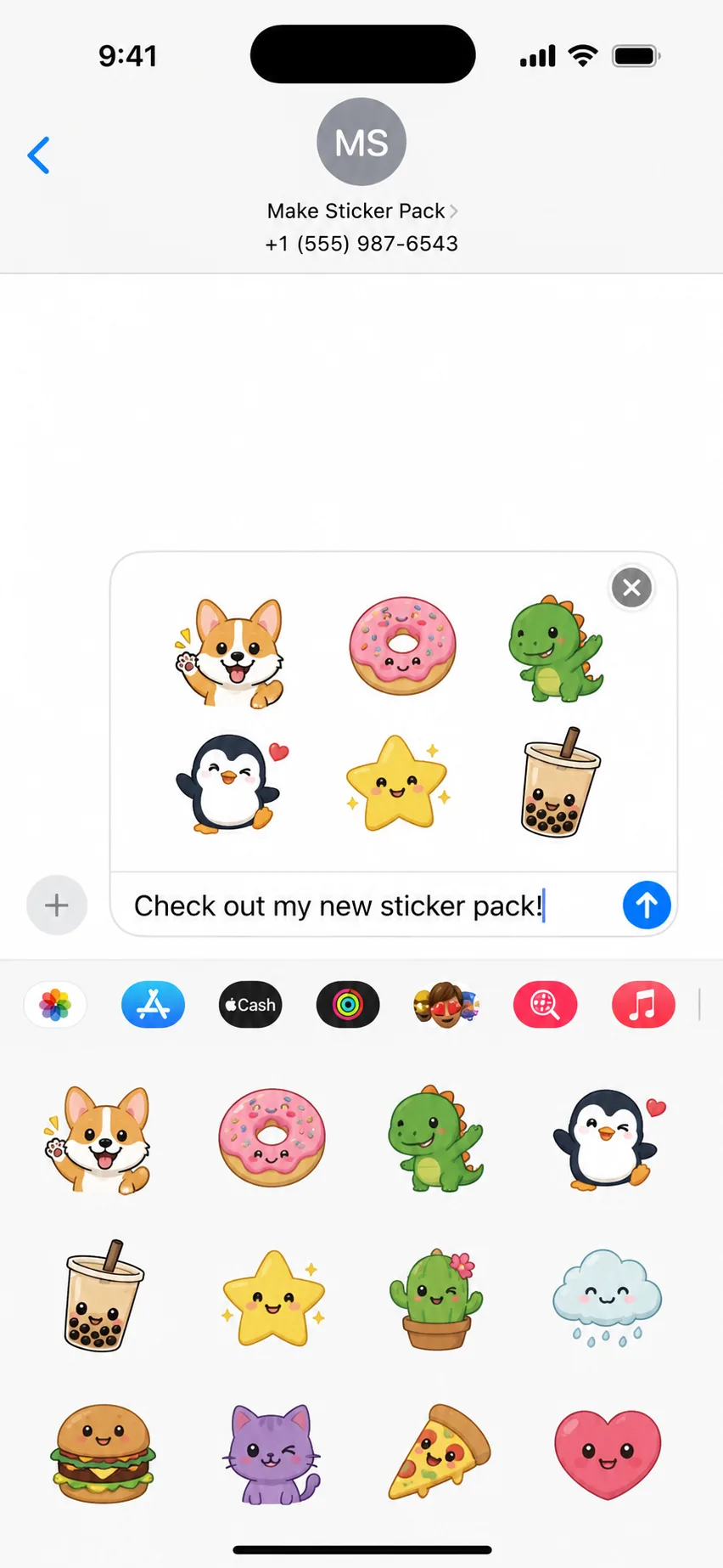 Sticker pack in iMessage on iPhone, with stickers in a chat and the sticker picker tray open